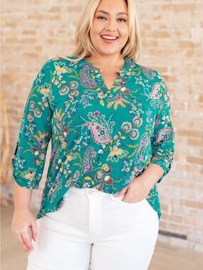 Teal Paisley Floral Split-Neck Tunic